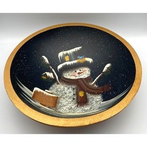 Vintage Christmas 2001 Hand Painted Snowman Wood Wooden Bowl 12" Signed T Page